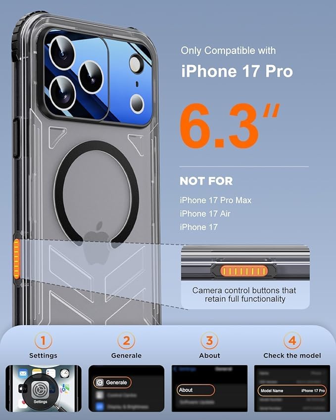 for iPhone 17 Pro Waterproof Case with Magsafe, Built-in [Camera & Screen Protector] [Lanyard], IP68 Water Proof Full Body Dustproof Heavy Duty Frosted Protective Phone Cover, 6.3" Black