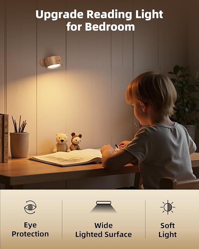 LED Wall Mounted Lights, Rechargeable Wall Sconce Lamps, 3 Color Temps & Remote and Touch, 360° Rotation Dimmable Cordless Wall Light for Study Bedroom Reading Bedside (Wood, 1 Pack)
