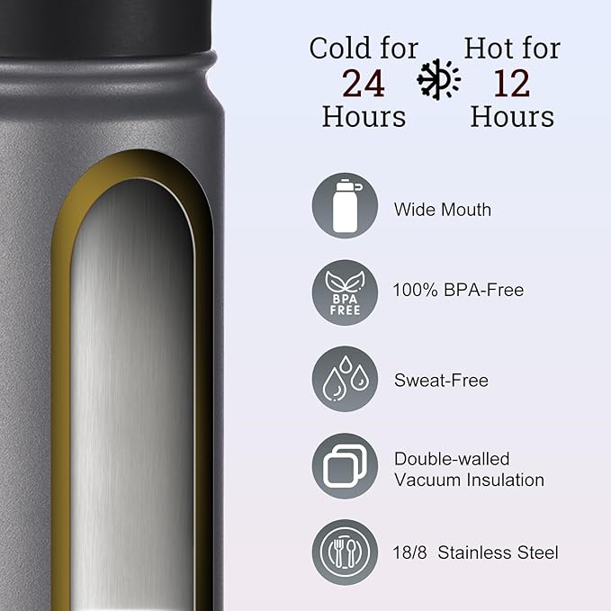 mininoo 24 oz Insulated Water Bottle with Straw Lid, Stainless Steel Double Wall Vacuum, Leak Proof, BPA Free, Keep Cold for 24H & Hot for 12H(Grey)