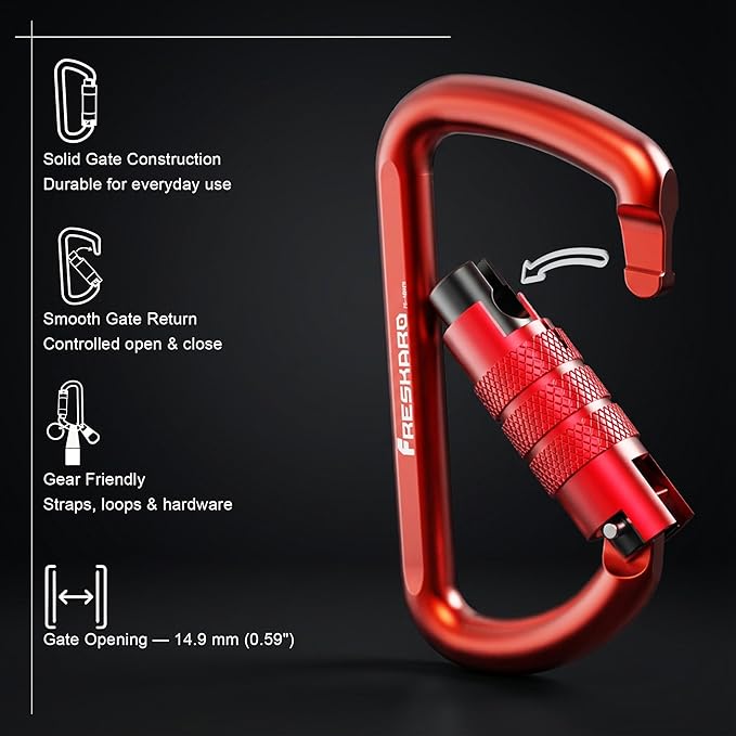 FresKaro 3inch 12kN-2698lbs Auto Locking Carabiner Clips, Solid D Shape, Heavy Duty 7075 Aluminum, Lightweight 1.09oz, Rust Proof, for Hammock, Hiking, Dog Leash, Keychain etc., Multi-Colors