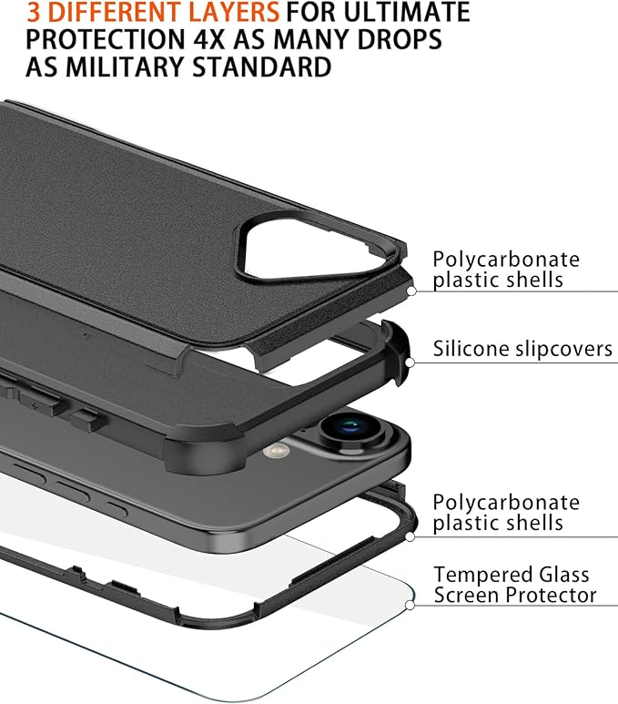 for iPhone 16 Case [Shockproof] [Dropproof] [with Screen Protector ] Heavy Duty Protection Phone Case Cover - Black