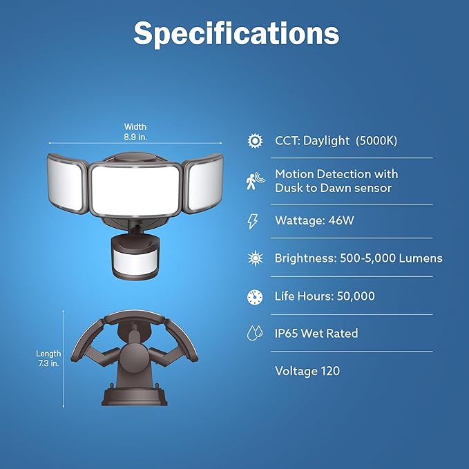 Feit Electric LED Security Light with Motion Sensor and Dusk to Dawn, Outdoor 46W Flood Light, Adjustable 3 Head, Wall Mount, 5000 Lumens, 5000k Daylight, Hardwired, Black S10.5TFL/850/MOT/BZ