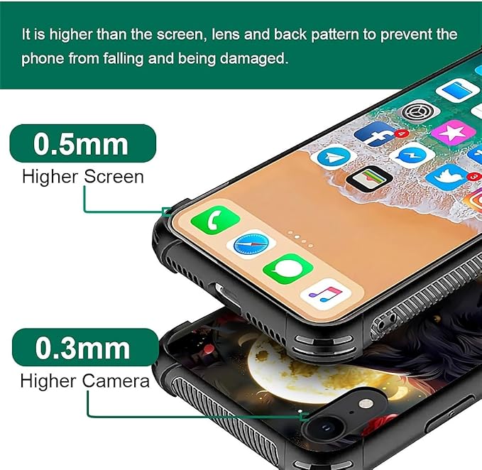 for iPhone XR Case, Black White Wolf Moon Flower Rose Pattern Graphic Design Girl Boy Soft Silicone Hard Acrylic Shock Protection for iPhone XR