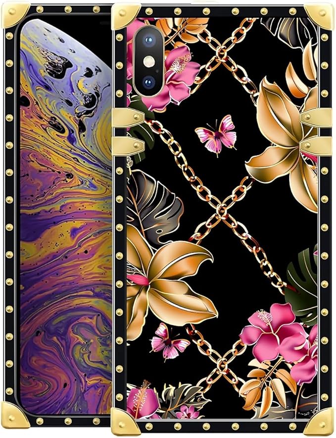 Compatible with iPhone Xs Max Case, Pink Golden Chain Tropical Flower Luxury Golden Decoration for Girl Women Soft TPU Shockproof Protective Hard PC Back for iPhone Xs Max