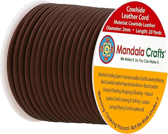Mandala Crafts Round Genuine Dark Brown Leather Cord for Jewelry Making – 2mm Cowhide Leather Rope String Lace for Kumihimo – 20 Yards Cowhide Craft Cording Spool