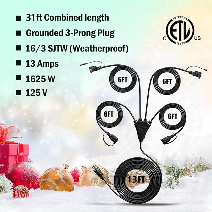 Eversimpleinc Black 1 to 4 Splitter Extension Cord (Combined 31 FT, End to End 13 FT), 3 Prong Plug with 4 Extended Outlets, with Weatherproof Covers for Indoor and Outdoor