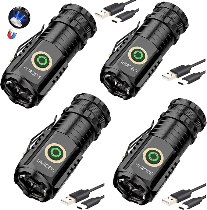 UNROEVS Mini Flashlight 2550 Lumens Rechargeable USB C Charging, Small High Lumens 5 Modes Pocket Flash Light with Clip, Magnetic for EDC, Camping, Hiking, Emergency (4 Pack)