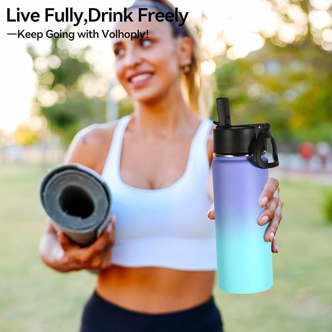 Volhoply 18oz Kids Insulated Water Bottle,Stainless Steel Water Bottles with Straw Lid,Double Wall Vacuum Reusable Metal Water Bottle,Wide Mouth Sports Flask For Cold Drink(Purple Blue,1 Set)