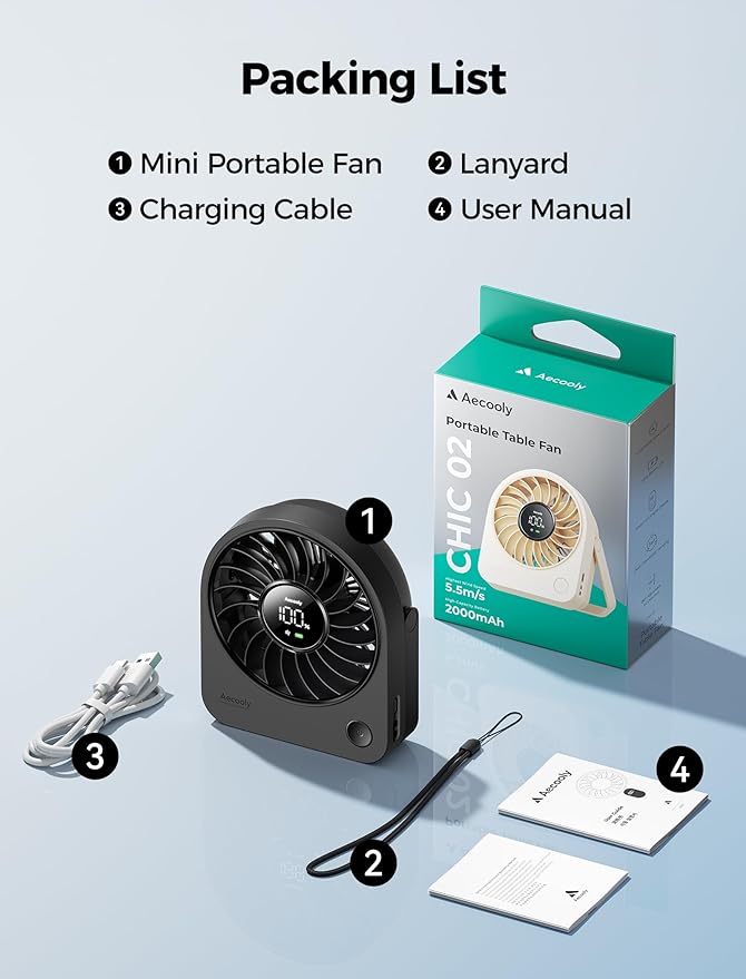 Aecooly Mini Portable USB Desk Fan, Small Enough to Hold 4.2 in Mighty Desktop Fan, USB & Battery Powered Quiet Table Fans, 4 Speeds Rechargeable Personal Fans for Home, Office, Travel, Gifts -Black