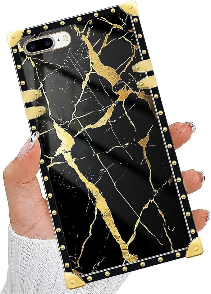 Compatible with iPhone 8 Plus 7 Plus Case, Black Gold Marble Nature Luxury Golden Decoration for Girl Women Soft TPU Shockproof Protective Hard PC Back for iPhone 8 Plus 7 Plus