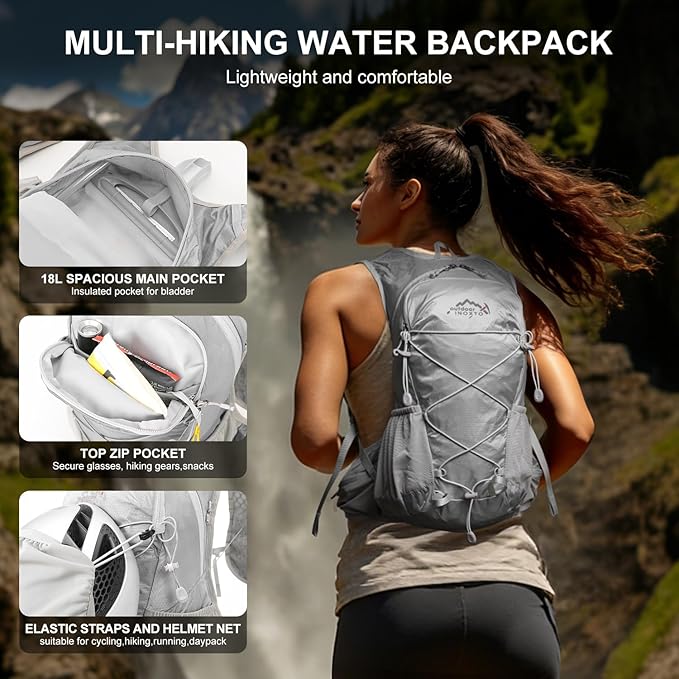IX INOXTO Hydration Backpack, 18L Lightweight Hiking Backpack with 2L Water Bladder Daypack Women Men, Water Backpack Insulated Hydration Pack for Hiking, Running, Festival, Cycling