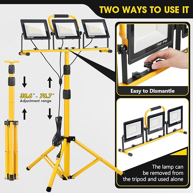 Zetunlo 21000Lumen LED Work Lights with Stand - 3 Head Portable Work Light with 16FT Cord - IP66 Waterproof Tripod Worklights for Outdoor Indoor Job Site Workshop Garage Construction Site Lighting