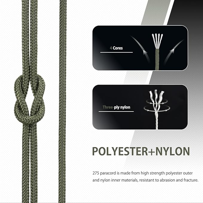 Abma Cord 2.4mm Paracord 275 100ft Nylon Rope 4 Strands Tactical Parachute Cord - Max. 275lbs - Army Green