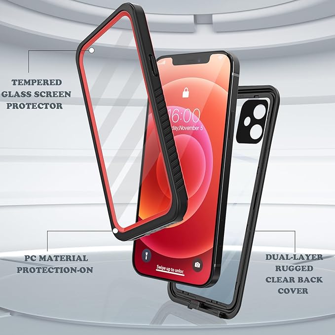Diverbox for iPhone 12 Waterproof Case,Waterproof Shockproof Dustproof IP68 Full-Body Hard Case Built-in Screen Protector Underwater Outdoor Waterproof Cover for iPhone 12,6.1 in (Red)