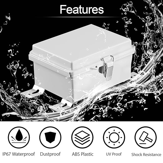 LeMotech Electrical Box, IP67 Waterproof Hinged Cover Stainless Steel Latch Junction Box, ABS Plastic Electrical Enclosure with Mounting Plate,Wall Brackets, Cable Glands,4.7"x3.5"x2.7",Grey