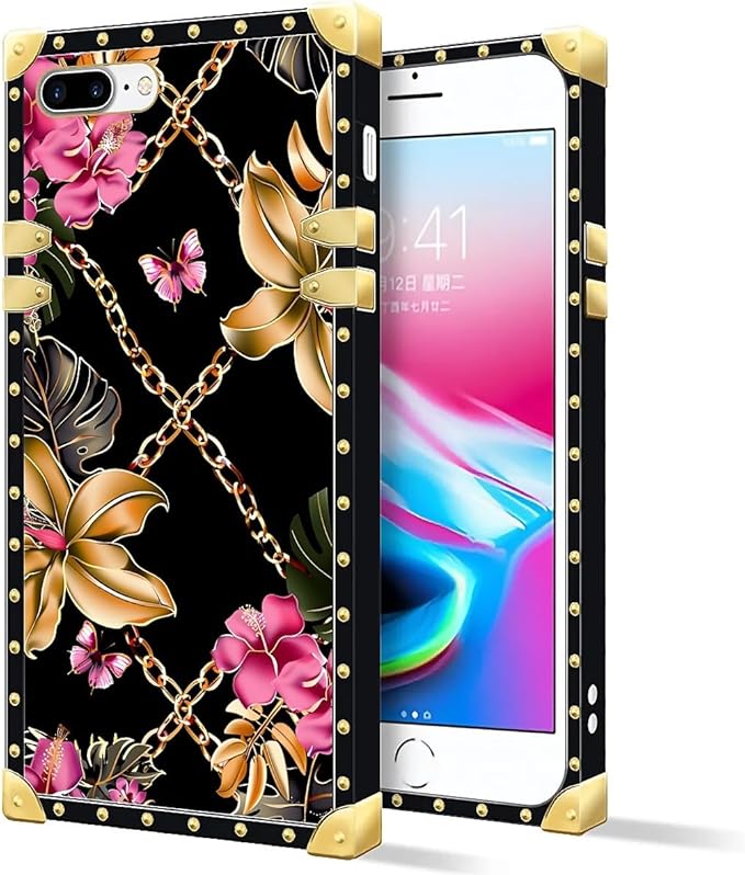 Compatible with iPhone 8 Plus 7 Plus Case, Pink Golden Chain Tropical Flower Luxury Golden Decoration for Girl Women Soft TPU Shockproof Protective Hard PC Back