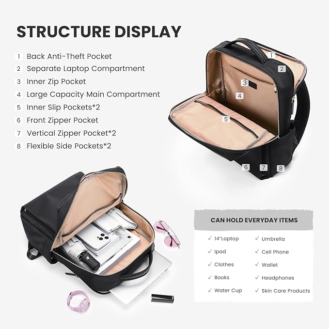 Laptop Backpack for Women, Work Business Traval Computer Backpacks with Laptop Compartment Waterproof Casual Daypack for Travel College,14Inch,Black