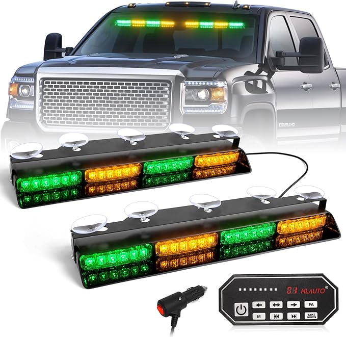 HLauto 604N Emergency Dash Strobe Lights: 2x16.8 inch Green Amber Security Light w/Take Down, 48 LED Safety Flashing Warning Hazard Interior Windshield Light Bar for Trucks Vehicles