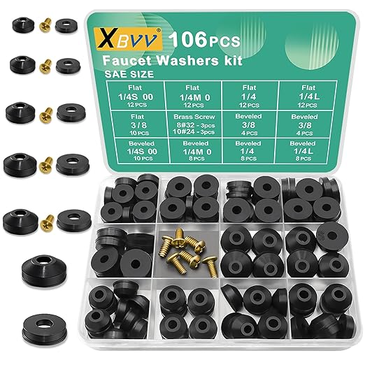 XBVV 106 PCS Faucet Washer Assortment Kit with Assorted Flat and Beveled Rubber Washers for Outdoor Garden Faucet Stem Leak Worn Replacement Repair