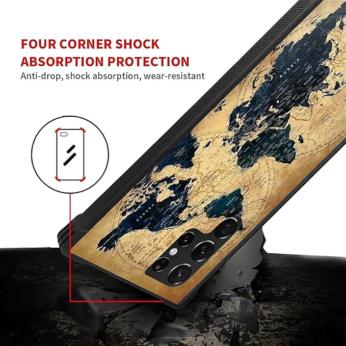 for Samsung Galaxy S22 Ultra Case, Brown World Map Pattern Graphic Design Girl Boy Soft Silicone Hard Acrylic Shock Protection for Samsung Galaxy S22 Ultra