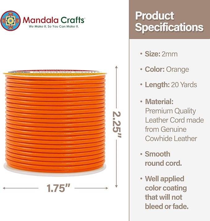 Mandala Crafts Round Genuine Orange Leather Cord for Jewelry Making – 2mm Cowhide Leather Rope String Lace for Kumihimo – 20 Yards Cowhide Craft Cording Spool