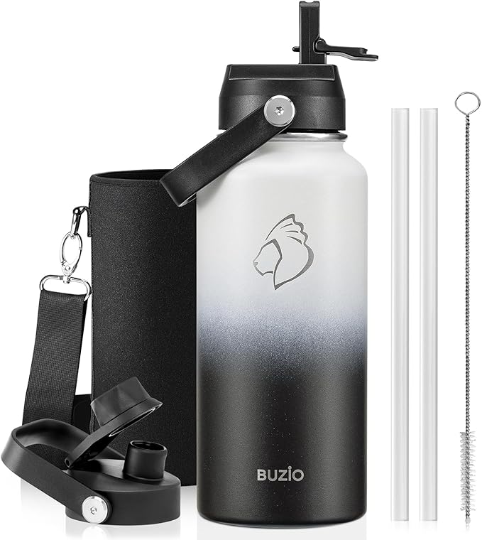BUZIO 32 oz Water Bottle Insulated, Leakproof Stainless Steel Flask (Cold for 48 Hrs), Wide Mouth BPA-Free Metal Thermo Hydro Canteen with 2 Lids, Day & Night