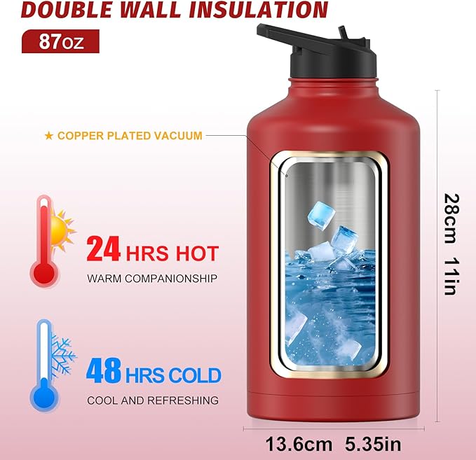 87oz Insulated Water Bottle (Cold for 48 Hrs),BPA Free&Leak Proof,1.5 Gallon Stainless Steel Water Flask,Water Jug with Straw Spout Lids for Gym,Hiking,Camping,Red