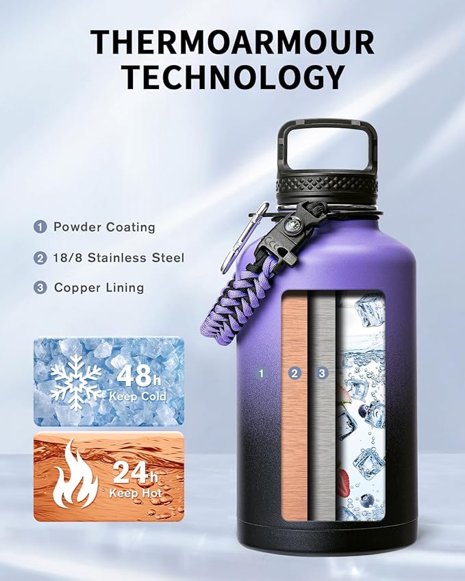 Trebo Water Bottle 64oz with Paracord Handle, Half Gallon Large Vacuum Triple Wall Stainless Steel Insulated Water Jug with Holder Strap Straw Spout Lids, Leakproof Keep Cold & Hot,Dark Purple