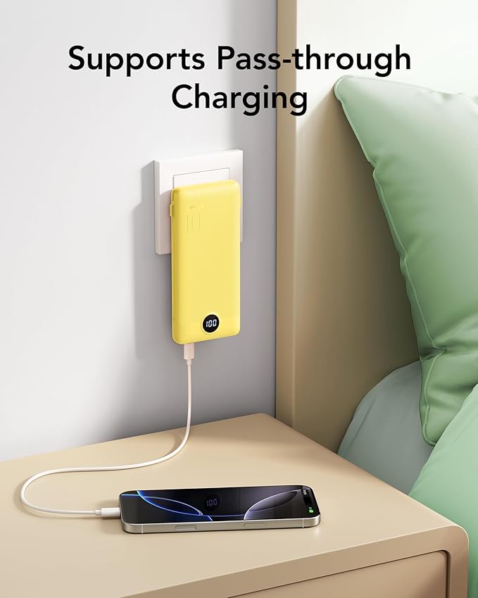 VRURC Portable Charger Power Bank - 10000mAh Fast Charging 22.5W PD 20W Slim Portable Charger Built in Cables Power Bank with Cords,USB C Portable Phone Charger Travel Accessories -Yellow