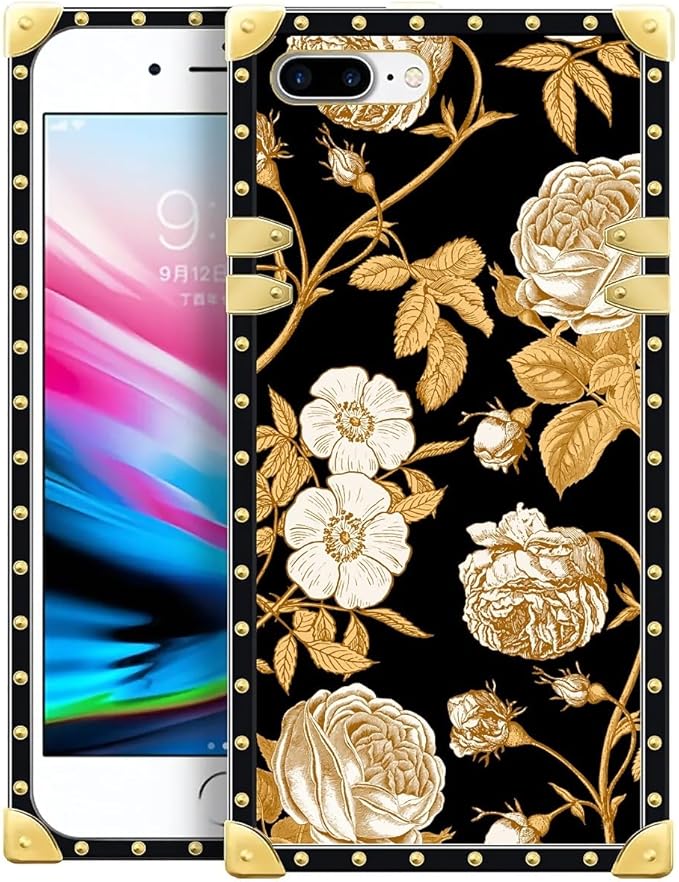 Compatible with iPhone 8 Plus 7 Plus Case, Blooming Rose Golden Flower Luxury Golden Decoration for Girl Women Soft TPU Shockproof Protective Hard PC Back for iPhone 8 Plus 7 Plus