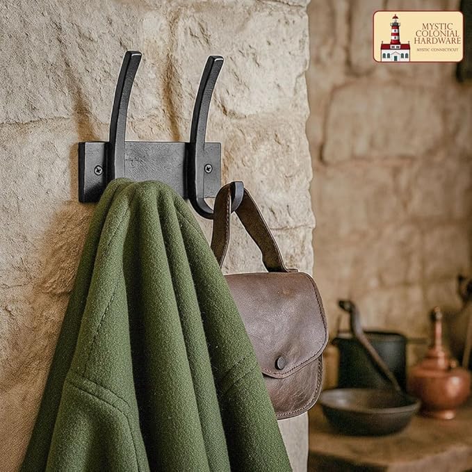 Mystic Colonial Medieval Hand-Forged Iron Double Wall Hook � 1 Pc | (5 in) Heavy Duty Rustic Black Coat & Hat Hanger | Vintage Decorative Hook for Coats, Towels, Bags, Keys & Home D�cor