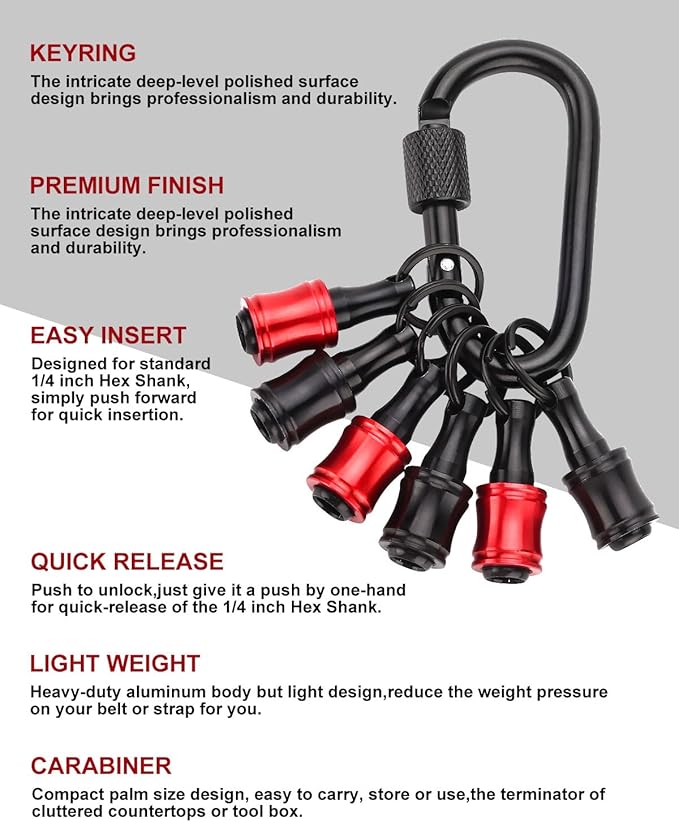 katerk 6pcs Red&Black Bit Holder with Carabiner Socket for Mens Gift, 1/4 inch Hex Shank Aluminum Alloy Screwdriver Bit Holders, Quick Release Easy Change Impact Driver Drill Bit Keychain Extension