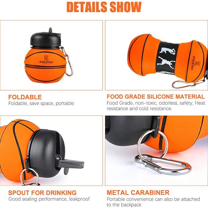 Collapsible Water Bottles with Carabiner Food Grade Sports Water Bottle for Gift Kids Folding Water Bottle for Hiking, School, GYM, Sports and Travelling 19 Oz/550ml (Basketball)