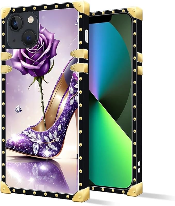 Compatible with iPhone 13 Case, High Heeled Purple Diamond Rose Luxury Golden Decoration for Girl Women Soft TPU Shockproof Protective Hard PC Back for iPhone 13
