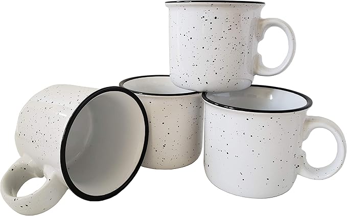 14oz Ceramic Campfire Coffee Mug (Set of 4), White with Speckled Finish - Durable Thick Walled Camping Style Cup for Outdoors or Home