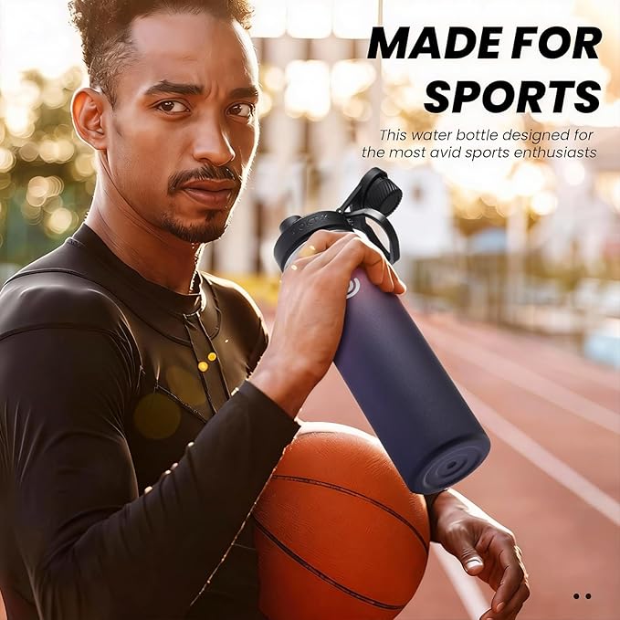 Sports Water Bottle 22oz, Insulated Water Bottle with Handle,Stainless Steel,Simple Modern,Suitable for Travel, School, Boy, Girl(Midnight)