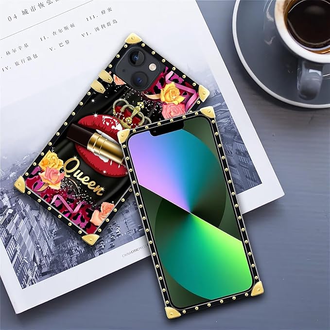 Compatible with iPhone 13 Case, Queen Lip Crown Leopard Print Luxury Golden Decoration for Girl Women Soft TPU Shockproof Protective Hard PC Back for iPhone 13