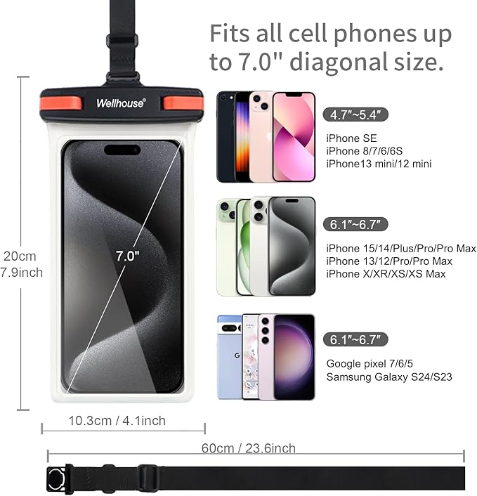 wellhouse Waterproof Phone Pouch, Waterproof Phone Case for iPhone 17 16 15 14 13 Pro Max XS Samsung, IPX8 3D Cellphone Dry Bag Beach Essentials (1 Pack - Black/Red Clasp7.0, 7 inch)