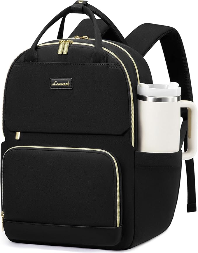 LOVEVOOK Laptop Backpack for Women with Giant Tumbler Holder Pocket, 17 inch Large Travel Work Backpack Purse for Teacher Nurse, Waterproof College Book Bag Cute Casual Daypack, Black