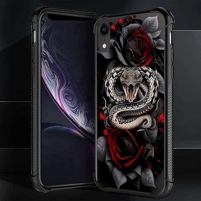for iPhone XR Case, Entwined Rose Snake Pattern Graphic Design Girl Boy Soft Silicone Hard Acrylic Shock Protection for iPhone XR