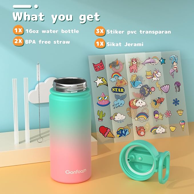 Kids Water Bottle, 16oz Water Bottles Kids with Straw and Stickers, Stainless Steel Vacuum Double Wall Insulated cup, Kids Water Bottle for School, Gifts for Girls(Green)