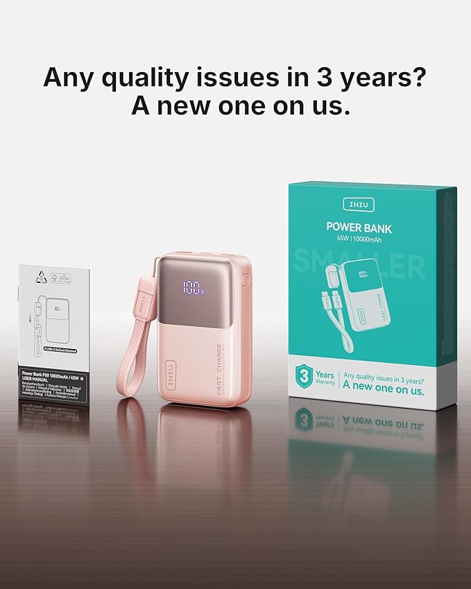 INIU Pocket Size Portable Charger, Ultra Small 10000mAh 45W PD Power Bank, Fast Charging Battery Pack, Travel Essentials Powerbank for iPhone 17 16 Pro Air, Xiaomi 17 Pro Max 16 15 14, Samsung S24 etc