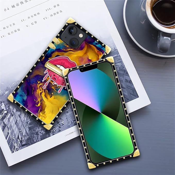 Compatible with iPhone 13 Case, Cool Corlorful Lip Marble Luxury Golden Decoration for Girl Women Soft TPU Shockproof Protective Hard PC Back for iPhone 13