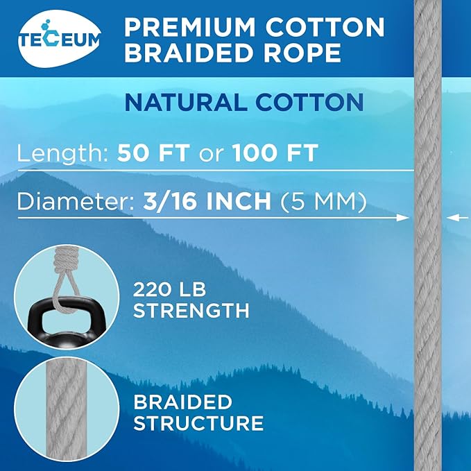 TECEUM Cotton Rope 3/16” (5 mm) – 100 FT – Strong All-Purpose Braided Rope – Natural Cotton – for Crafting, Сamping, Clothes Line, DIY, Indoor & Outdoor Use – Light Gray