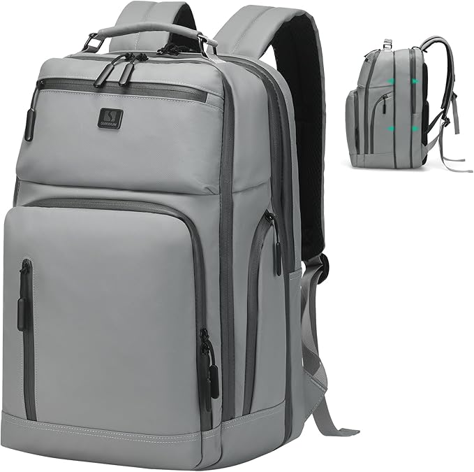 Expandable Business Backpack with 17" Laptop Compartment - Waterproof, Airline Approved, 33L-42L Capacity, for Work & Travel, Gray