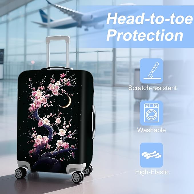 ANNA QUEEN Cherry Blossom & Moon Luggage Cover-Stretchable, Water Resistant & Durable Suitcase Protector,Universal Washable Fit for 20-22 Inch Checked Baggage