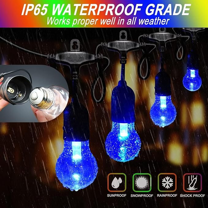 35FT Outdoor String Lights, 16 Shatterproof Edison Bulbs, Dimmable RGB Color Changing Patio Lights with Remote. Solar-Powered & Waterproof for Garden Commercial LED Decorative Lighting.