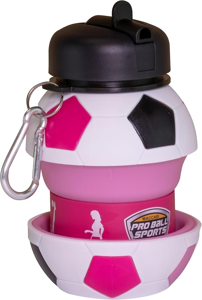 Maccabi Art Clip-On Collapsible BPA-Free Silicone Pink Soccer Ball Water Bottle for Kids, 18 Oz. Size