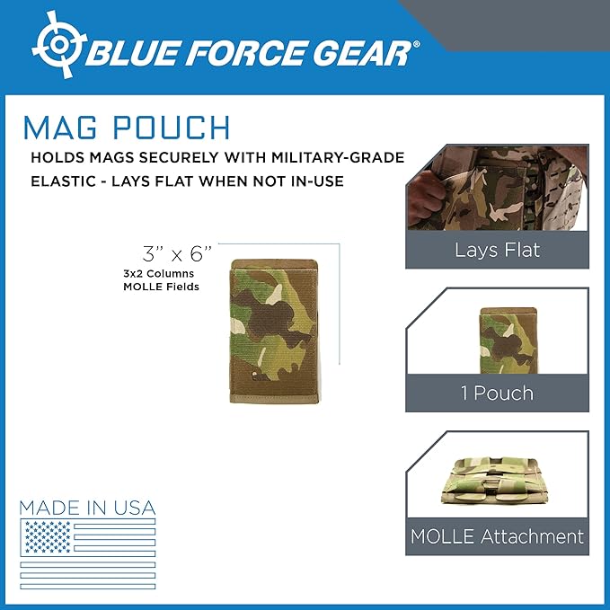 Blue Force Gear - Single Magazine Pouch - MOLLE Tactical Mag Holder - Airsoft & Tactical Accessories - Stackable Pouches for Duty Belt, Vest, or Plate Carrier - 3.5 x 5.5 x .13 Inches