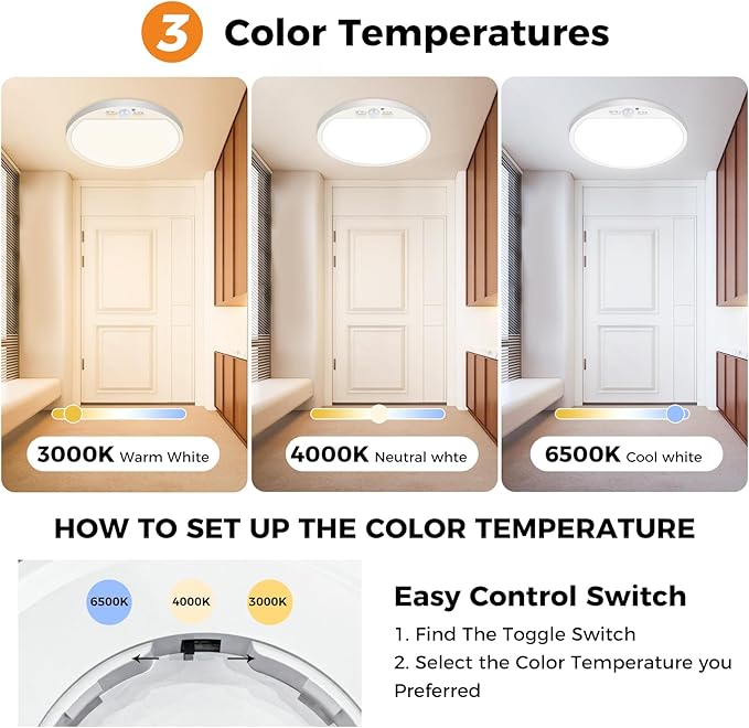 slochi 1Pack Motion Sensor Light Indoor Wired, 12 Inch 3000K/4000K/6500K Closet Lights Motion Sensored, 24W 2400LM Flush Mount Ceiling Light for Hallway Pantry Stairwell Porch, White